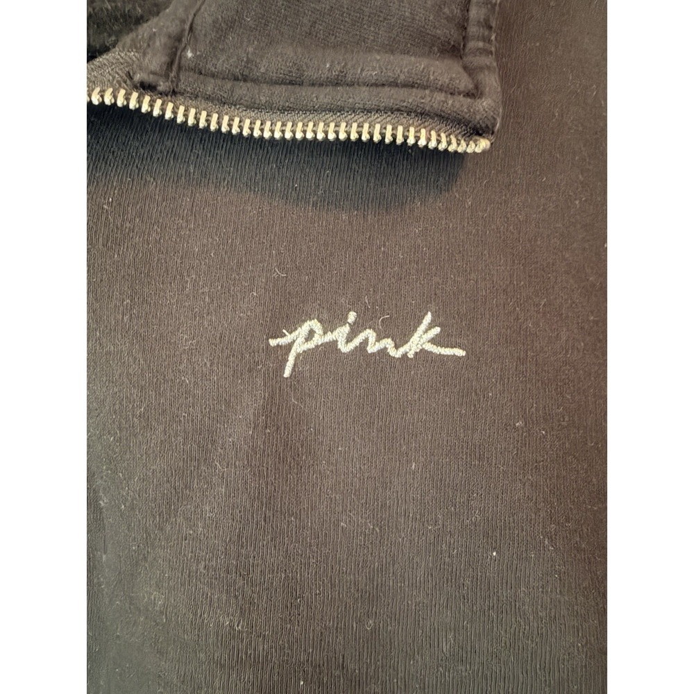 PINK Victoria's Secret Quarter Zip Pullover Sweatshirt Black Oversized Logo Larg - Picture 3 of 5